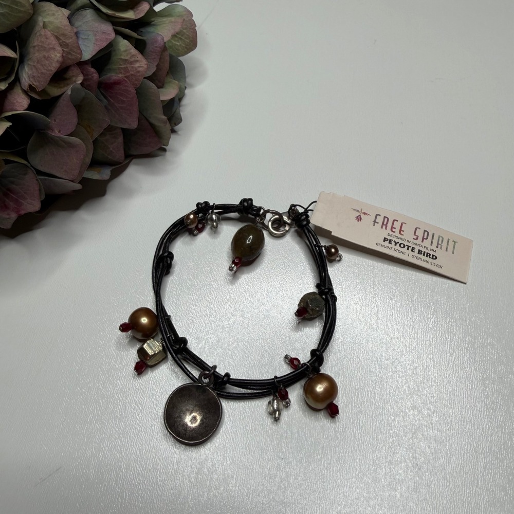 PEYOTE BIRD Free Spirit Bracelet Black Leather Sterling Silver Women's OS NEW